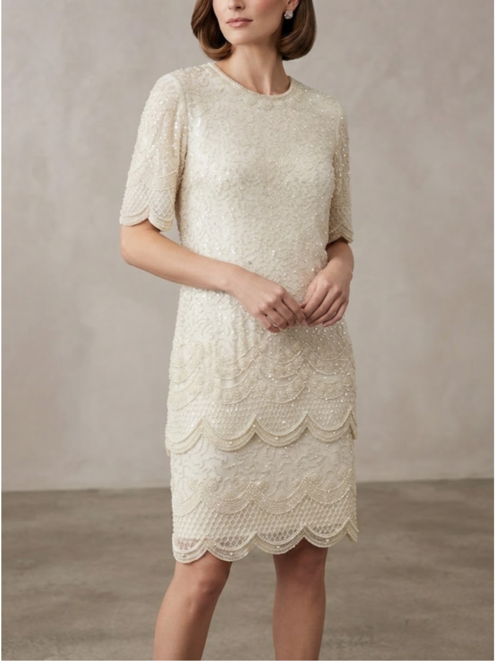 Women's Brilliante Beaded Silk Scalloped Midi Dress Beige Size L Large flawed